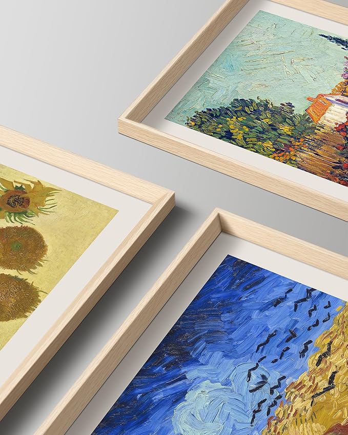 HesenDot Van Gogh Framed Wall Art Set of 3, 12x16 Inch Canvas Prints, Wheatfield, Sunflowers, Landscape Paintings, Vintage Artwork Posters Home Decoration for Living Room Bedroom Gallery Office