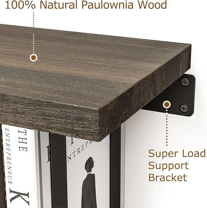 2 Set of Floating Bookshelf with Super Load-Bear Shelf Brackets, Paulownia Wood Invisible Bookshelf, Hanging Bookshelves for Wall, Unique Space Saving Wall Bookcase
