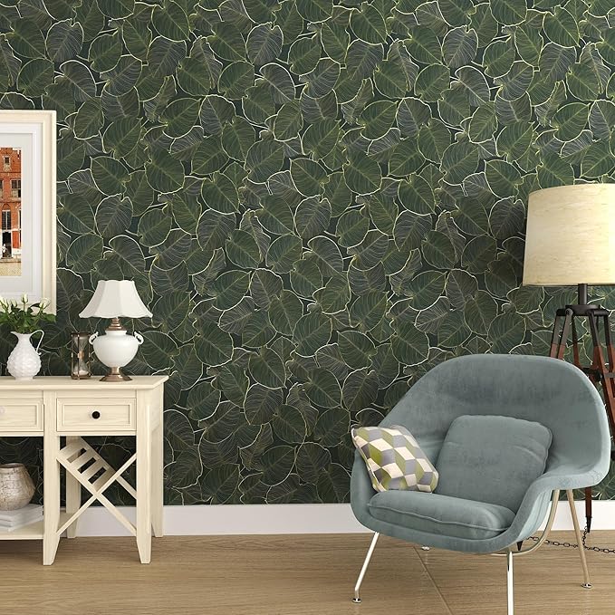 Dark Green Leaf Contact Paper for Cabinets Sage Green Peel and Stick Wallpaper 16x354inch Matte Thick Removable Vinyl Self Adhesive Wall Paper Rolls Waterproof Plant Flower Vinyl Wrap for Shelf Liner