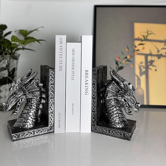 Book Ends for Shelves to Hold Books Heavy Duty,Decorative Bookend for Bookshelf Décor, Animal Dragon Book Stopper Dragon Statues for Home, Office Desk, Living Room Decoration,Vintage Silver,1pair