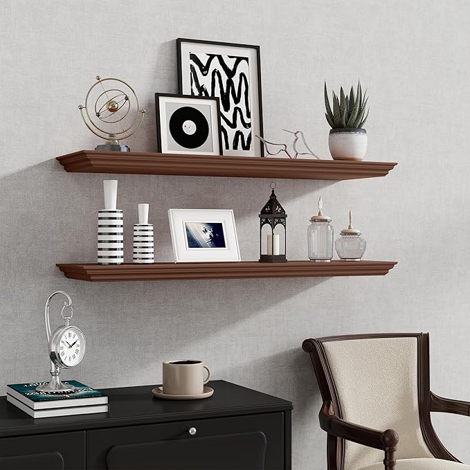 Fun Memories Floating Shelves 36 Inch Long, 9.3 Inch Deep Classic Crown Molding Floating Shelves for Wall, Rustic Wooden Shelves for Wall Decor Bathroom, Kitchen, Office, (Walnut, 2Pack)