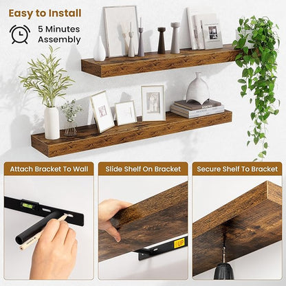 Fun Memories Floating Shelves for Room Wall, 36 Inch Long Shelf Set of 2， Hanging Wood Shelves for Storage & Display, Rustic Brown