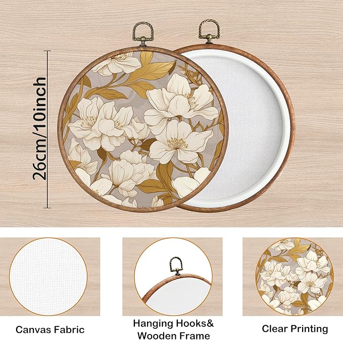 KSDUT Aesthetic Flower Retro Beige Wall Art Decor - Botanical Neutral Mid Century Modern Wall Art Canvas Frame Hanging Prints, Vintage Landscape Round Wall Art Decor for Home Decorations 10