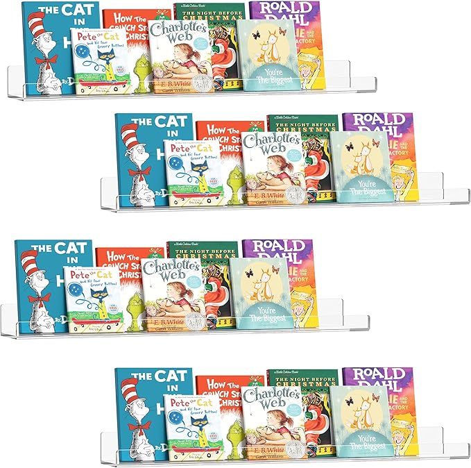 36 Inches Clear Acrylic Floating Shelves Wall, Bookshelf for Kids, Nursery Book Shelves, Magazine Rack, Picture Ledge Shelf for Photo Frames Vinyl Records, Pack of 4