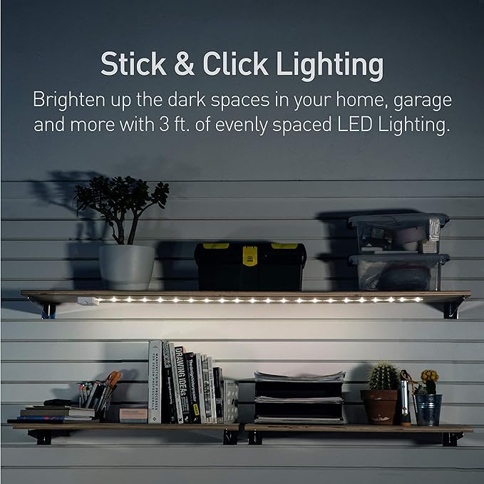 POWER PRACTICAL Luminoodle Under Cabinet Lighting - Click LED Light Strip for Shelves, Kitchen Cabinets, & Furniture, 1-Pack Includes Power Button & Tape Adhesive - Warm White (2700K)