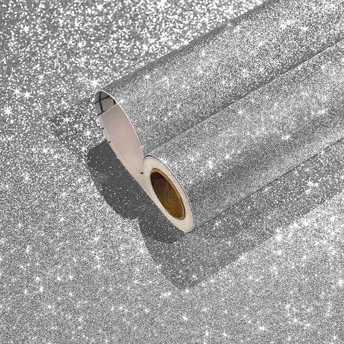 CHIHUT Sparkle Silver Glitter Wallpaper Peel and Stick Silver Glitter Contact Paper for Cabinets Walls Self Adhesive Removable Fabric Wallpaper Decorative Wall Paper for DIY Drawers 15.7''x100''