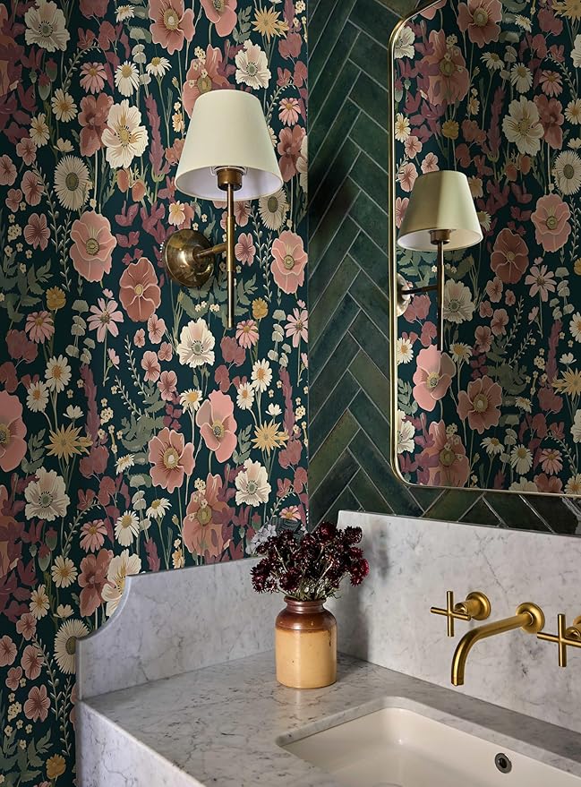 EchoSphere 16.9in x 197in Floral Peel and Stick Wallpaper Boho Vintage Floral Wall Paper Removable Flower and Leaf Contact Paper Self Adhesive Decorative Wallpaper for Cabinets Accent Wall Covering