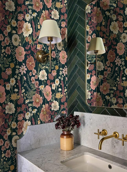 EchoSphere 16.9in x 197in Floral Peel and Stick Wallpaper Boho Vintage Floral Wall Paper Removable Flower and Leaf Contact Paper Self Adhesive Decorative Wallpaper for Cabinets Accent Wall Covering