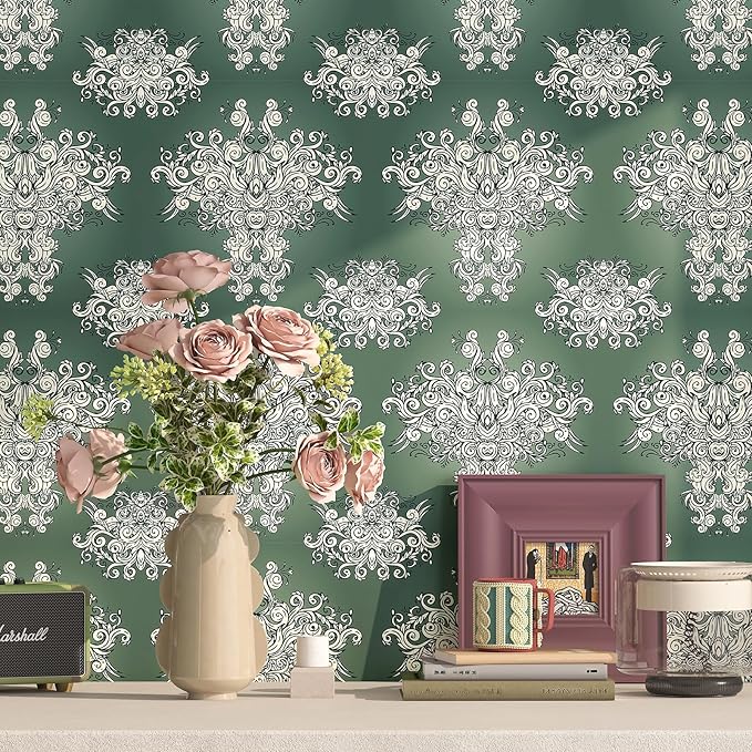 FunStick 17.5"x354" Vintage Dark Green Damask Peel and Stick Wallpaper Victorian Beige Floral Self Adhesive Wallpaper for Bedroom Living Room Walls Decorative Green Contact Paper for Cabinets Drawers