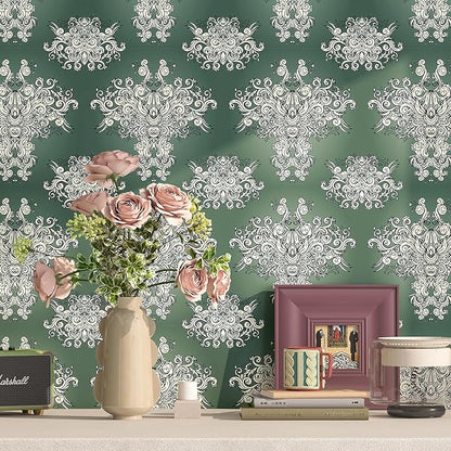 FunStick 17.5"x354" Vintage Dark Green Damask Peel and Stick Wallpaper Victorian Beige Floral Self Adhesive Wallpaper for Bedroom Living Room Walls Decorative Green Contact Paper for Cabinets Drawers