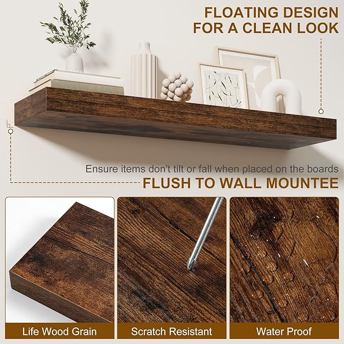 Fun Memories 66 Inch Fireplace Mantel - Long Floating Shelf, Wall Mounted Farmhouse Display with Invisible Heavy Duty Metal Bracket, Brown, 2 Pack