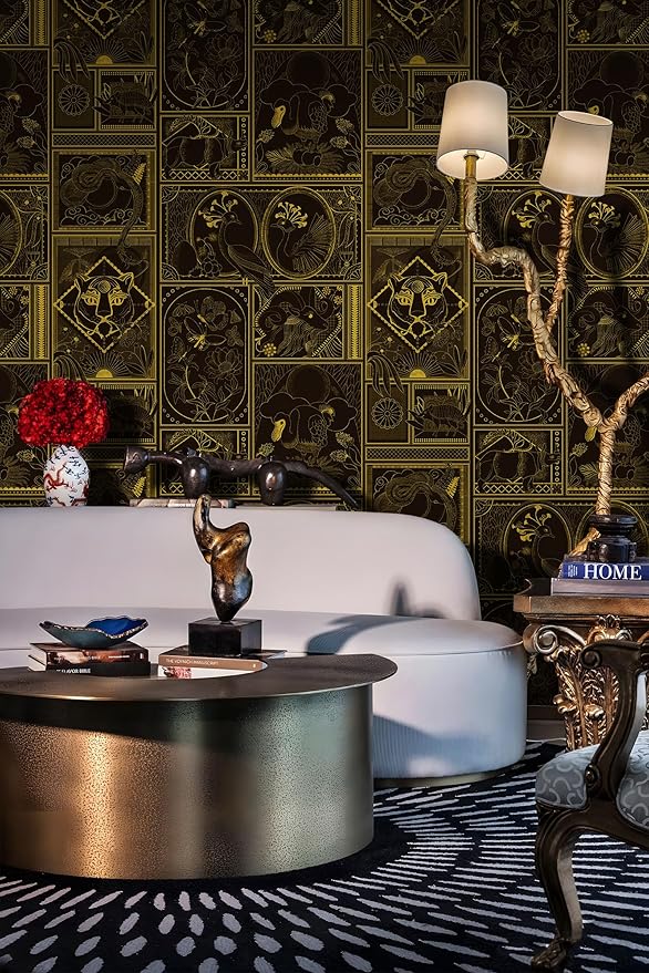 Black and Gold Wallpaper Peel and Stick Vintage Wall Paper Removable Waterproof Animal Print Contact Paper for Bedroom, Bathroom, Home Wall 17.3