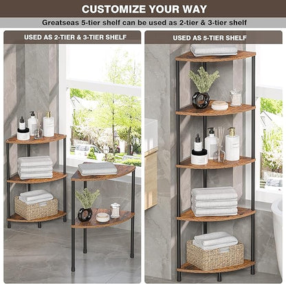 Corner Plant Stand Shelf, 5 Tier Tall Shelf Plant Stand for Indoor Plants, Rustic Brown Corner Bookshelf Wall Decor Living Room, 44.1" Display Shelf for Bedroom, Bathroom, Small Space