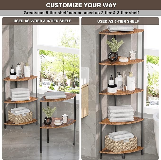Corner Plant Stand Shelf, 5 Tier Tall Shelf Plant Stand for Indoor Plants, Rustic Brown Corner Bookshelf Wall Decor Living Room, 44.1
