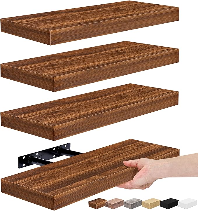 Sorbus Floating Shelves for Wall – 16 Inch Floating Shelf for Kitchen, Bedroom, Living Room, Bathroom, Home & Wall Decor - Mounted Bathroom Shelves with Invisible Brackets (Walnut, 4 Pack)