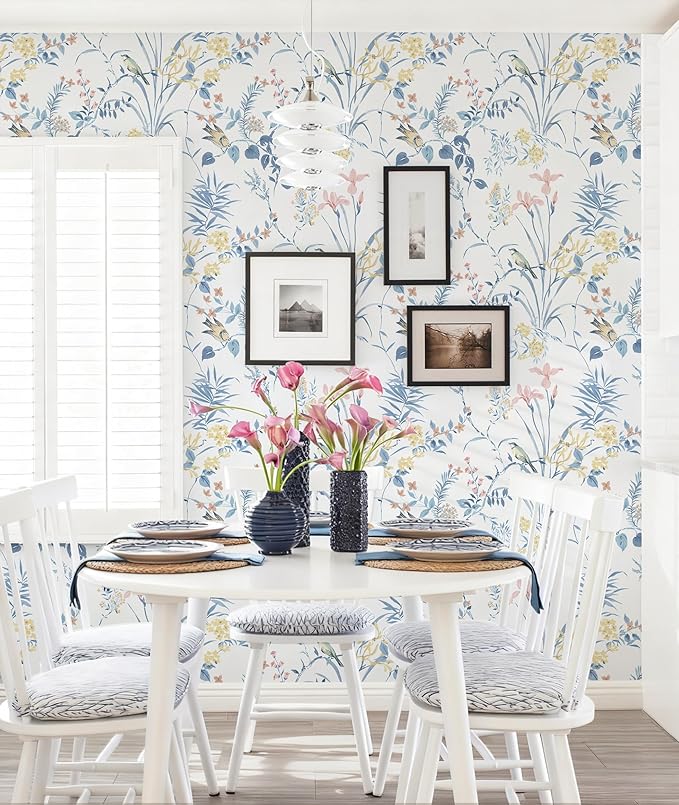 Erfoni 16.9" x118" Boho Floral Peel and Stick Wallpaper Blue Floral and Birds Contact Paper DIY Self Adhesive Removable Wallpaper for Livingroom Cabinet Decor Modern Flower Leaf Wall Paper Vinyl Roll