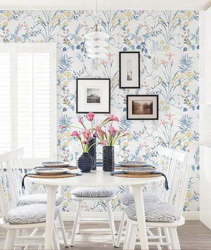 Erfoni 16.9" x118" Boho Floral Peel and Stick Wallpaper Blue Floral and Birds Contact Paper DIY Self Adhesive Removable Wallpaper for Livingroom Cabinet Decor Modern Flower Leaf Wall Paper Vinyl Roll