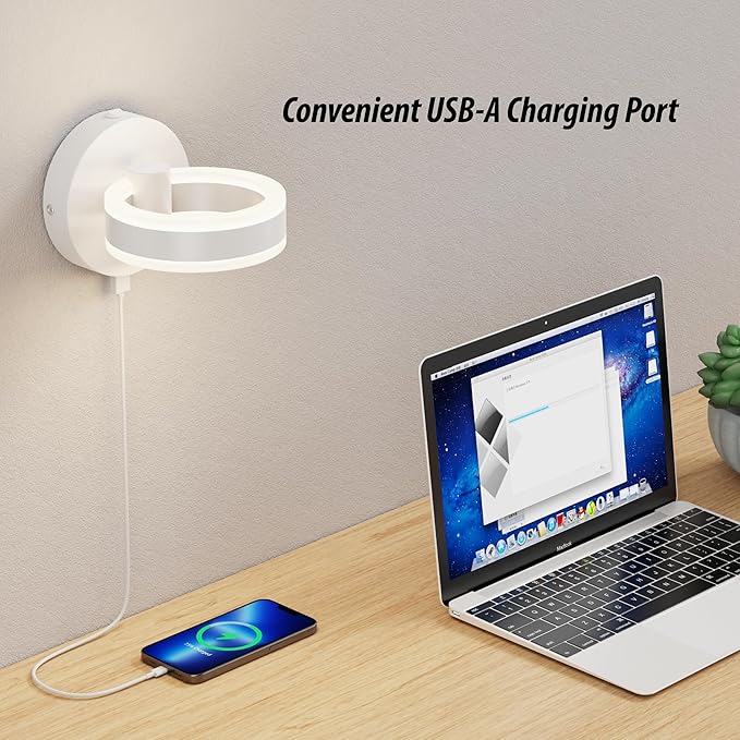 LED Wall Sconces with ON/Off Switch, White Rotatable Hardwired Wall Light Fixtures, Built in USB Charging Port, Modern Wall Decor for Bed Lighting.