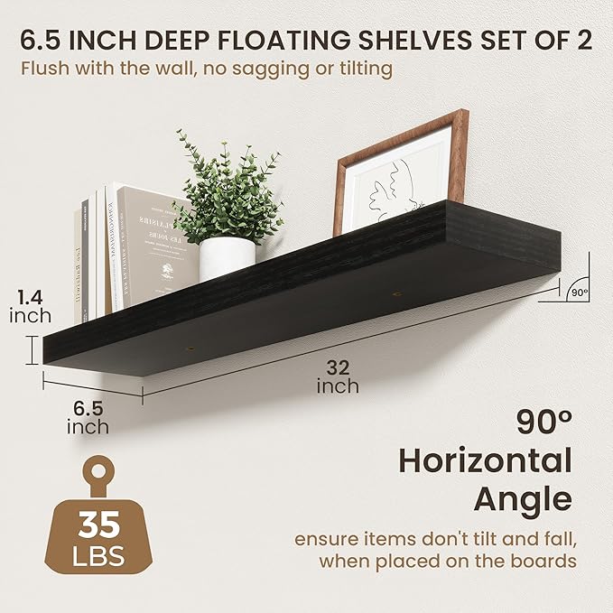 32 Inch Floating Shelves | 6.5 Inch Deep Black Floating Shelves Set of 2 | 32