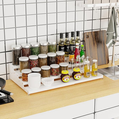 Expandable 4-Tier Step Spice Rack Organizer for Kitchen Cabinet Modern Design and Non Skid Space Saving Storage Shelf for Countertop Cabinets Pantry(2Packs/White)