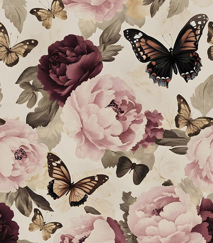 Vintage Butterfly Wallpaper Peel and Stick, Beige/Pink Floral Contact Paper, Thick Boho Chic Wall Paper Mural Self Adhesive Waterproof Removable for Bathroom Shelf Cabinet Drawer Table 17.5" x 118"