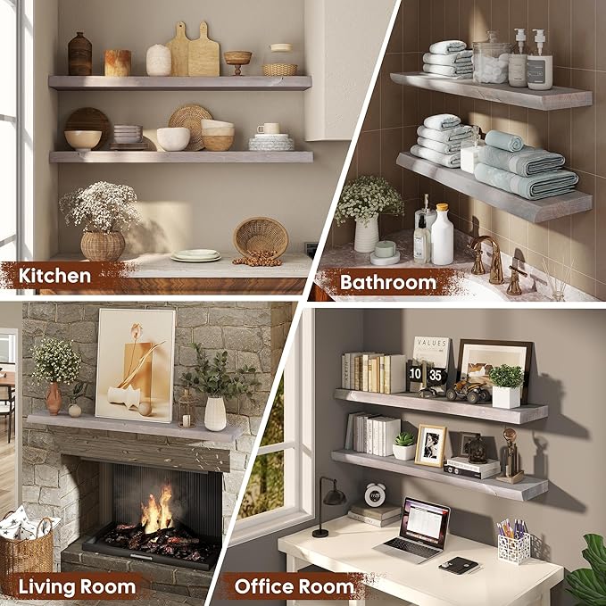 Live Edge Floating Shelf, 48 Inch Solid Elm Wood - Weathered Gray Rustic Wood Wall Shelf with Invisible Brackets for Living Room, Kitchen, Bathroom
