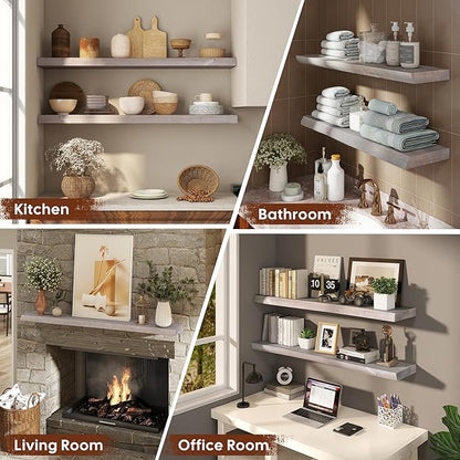 Live Edge Floating Shelf, 48 Inch Solid Elm Wood - Weathered Gray Rustic Wood Wall Shelf with Invisible Brackets for Living Room, Kitchen, Bathroom