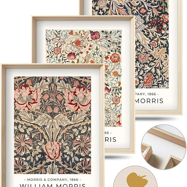Framed William Morris Canvas Wall Art,Floral Pattern Vintage Poster Wall Decor,16x12IN High Framed Wood Design Prints,Minimalist Classic Decor Aesthetic for Living Room,Bedroom,Bathroom Set of 3