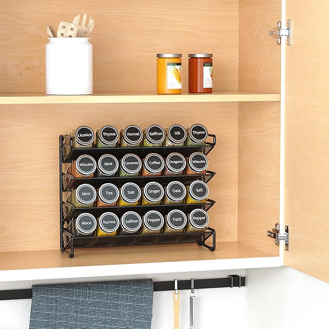 SpaceAid Spice Rack Organizer with 24 Spice Jars, 386 Spice Labels, Chalk Marker and Funnel Set for Cabinet, Countertop, Pantry, Cupboard or Door & Wall Mount -24 Jars, 11.8