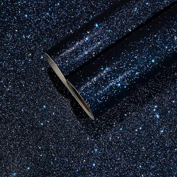 CHIHUT 15.7''x236'' Dark Blue Glitter Contact Paper for Walls Self Adhesive Black Blue Glitter Wallpaper Stick and Peel Removable Fabric Wallpaper Decorative Sparkle Wall Paper for Cabinets Dresser
