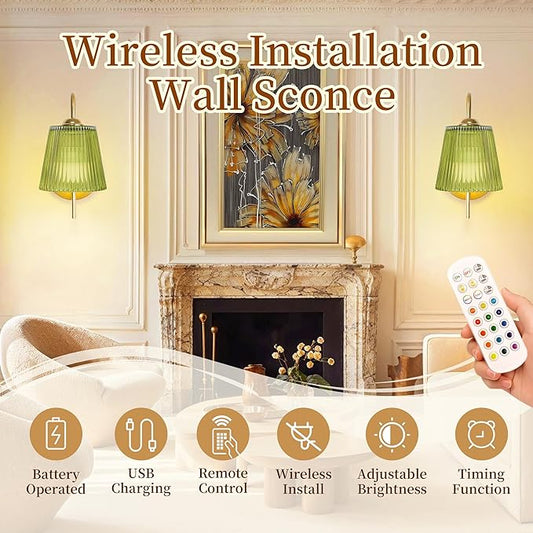 Vintage Battery Wall Sconce with Flower lampshade,Rechargeable Battery Powered Wall Lights,Wall lamp with 15 Colors for Bedroom Living Room Home Decor (Green Stripe, 2 Light Battery Operated)