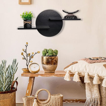 Black Circle Wood Wall Floating Shelf, Round Decorative Display Wall Mount Shelf, Hanging Shelves for Living Room, Bedroom, Bathroom, Home Office Wooden Wall Art Decor