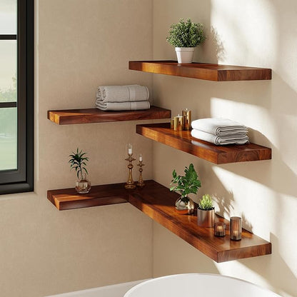 Teak Floating Shelves Set of 2-32 Inch Natural Waterproof Wood Wall Shelves with Invisible Brackets for Bathroom, Kitchen, Balcony - Solid Teak Wood Shelving, Water-Resistant Wall Decor