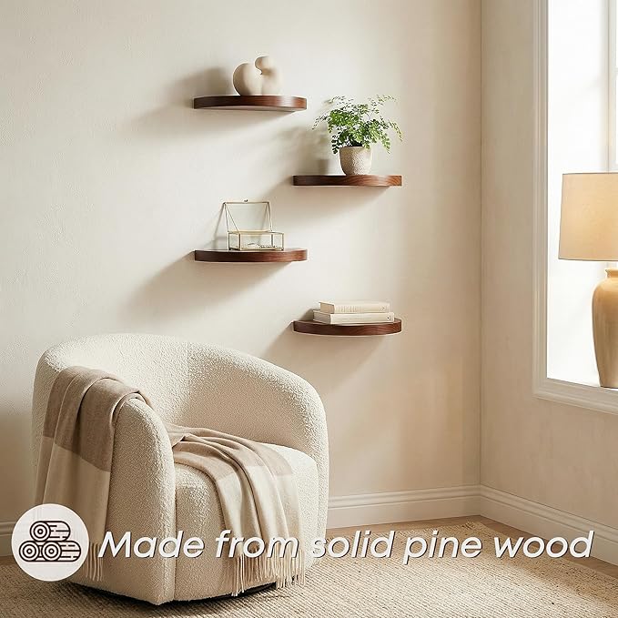 Small Wood Floating Shelves (4-Pack, 8-inch Diameter) - Round Sturdy Invisible Wall Mount Display for Small Plants,Toys,Bathroom,Living Room Storage & Modern Rustic Décor (Dark Walnut)