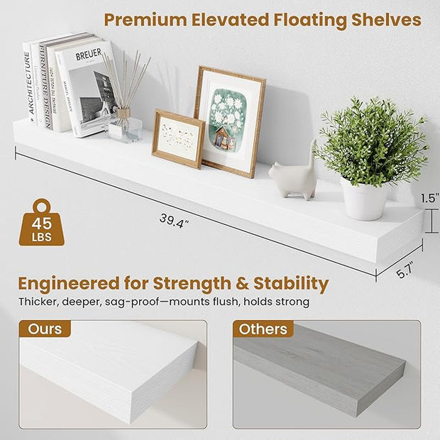Fun Memories 40 Inch Floating Shelves, Long Wood Wall Shelf Set of 2 with Invisible Brackets, for Bathroom, Living Room, Bedroom, Kitchen, White