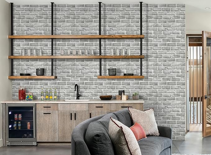 Guvana 17.3" x 394" Grey Brick Wallpaper Peel and Stick 3D Brick Contact Paper Self Adhesive Wallpaper for Bedroom Modern Removable Vinyl Film Decor Backsplash Walls