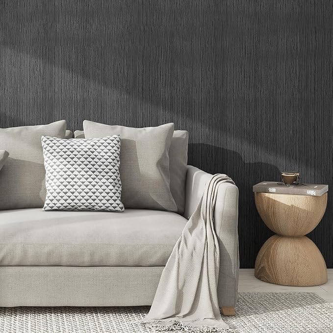 Grasscloth Textured Wallpaper Gray Peel and Stick 24inX393in Fabric Wall Paper Upgraded Thick Self-Adhesive Vinyl Contact Paper for Home Use(Dark Grey)