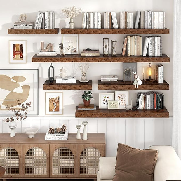 Floating Shelves for Wall, 36" W x 12" D x 2" H, 2 Pack of Long Wall Mounted Engineered Wood Shelves with Invisible Brackets for Living Room, Bedroom, Bathroom, Kitchen Decor, Brown