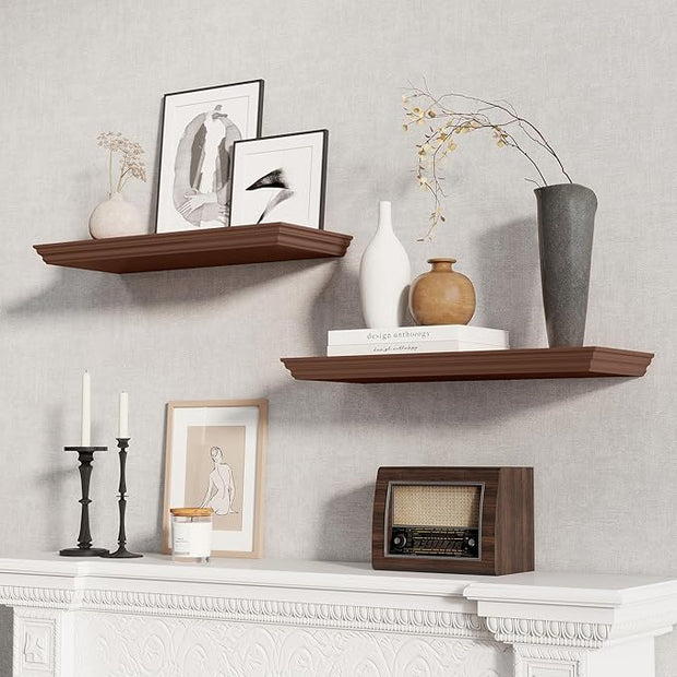 Fun Memories Floating Shelves 24 Inch Long, 9.3 Inch Deep Classic Crown Molding Floating Shelves for Wall, Rustic Wooden Shelves for Wall Decor Bathroom, Kitchen, Office, (Walnut, 2Pack)