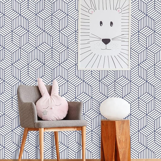 WENMER 17.7" x 1181" Geometric Hexagon Peel and Stick Wallpaper - Blue and White Removable Self Adhesive Vinyl Film for Home Use