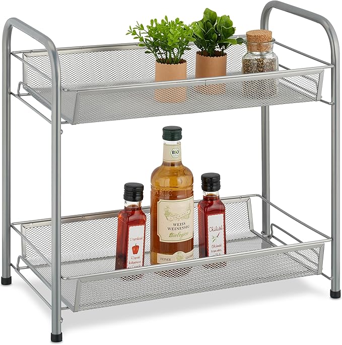 Relaxdays Spice Rack, 2 Levels, Table Kitchen & Bathroom, Make-Up, Perfume, Metal Shelf, 44.5x48x27cm, Silver, Steel, 44.5 x 48 x 27 cm
