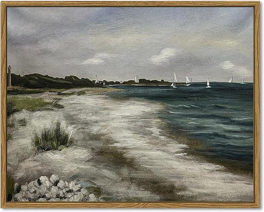 SHENIFY Vintage Landscape Seascape Framed Canvas Wall Art Seaside Coastal Scenery Classic Hallway Bathroom Office Decor - 11x14in Natural Framed