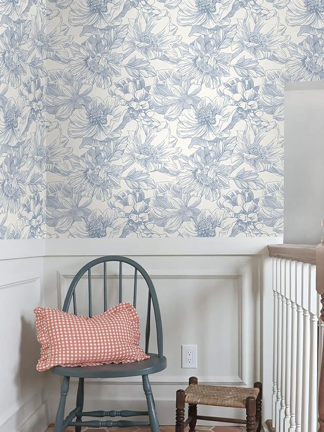 Ismoon Vintage Floral Wallpaper Peel and Stick Beige and Blue Contact Paper 17.3inx6.5ft Removable Self Adhesive Wall Paper for Bathroom Bedroom Cabinet Mural Wall Decor Vinyl Renter Friendly
