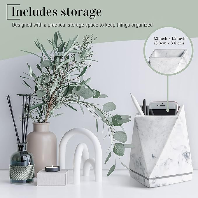Marble Style Bookends - Decorative, Heavy Duty Book Holder for Shelves, Non Skid, Unique Design (White)