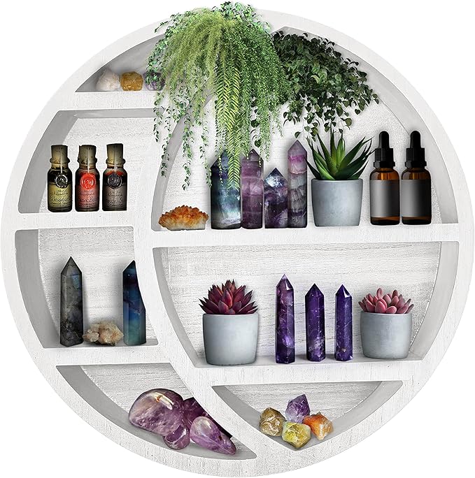 Wooden Crescent Moon Shelf Wall Decor - Decorative Boho Home Hanging Display Shelf for Bedroom, Dorm, Nursery - Easy Mount Storage for Crystals and Essential Oils - 14 x 14 x 3.5 (White)