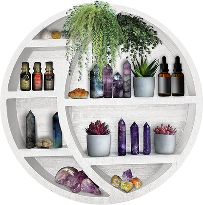 Wooden Crescent Moon Shelf Wall Decor - Decorative Boho Home Hanging Display Shelf for Bedroom, Dorm, Nursery - Easy Mount Storage for Crystals and Essential Oils - 14 x 14 x 3.5 (White)