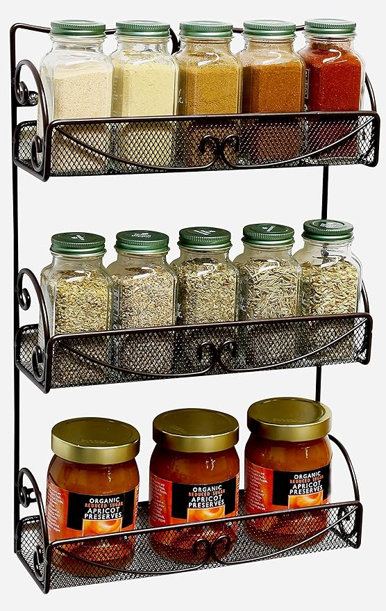 Deco Brothers 3 Tier Wall Mounted Hanging Spice Rack, Bronze