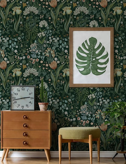 Peel and Stick Wallpaper Vintage Wall Paper Green Floral Contact Paper Removable Wallpaper 17.3"x78.7" Leaf Flower Self Adhesive for Bedroom Drawer Decor Vinyl Rolls