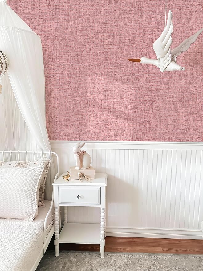 Guvana Grasscloth Peel and Stick Wallpaper Pink Textured Contact Paper Modern Removable Self Adhesive Wall Paper Thicken Fabric Faux Linen Wallpaper for Bedroom Living Room Nursery 197inx15.7in