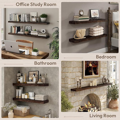 Marsmiles 24 inch Floating Shelves for Wall Solid Elm Wood Shelves|Rustic Wall Shelves with Invisible Heavy-Duty Bracket for Bathroom Living Room Kitchen|Walnut, 2 Pack